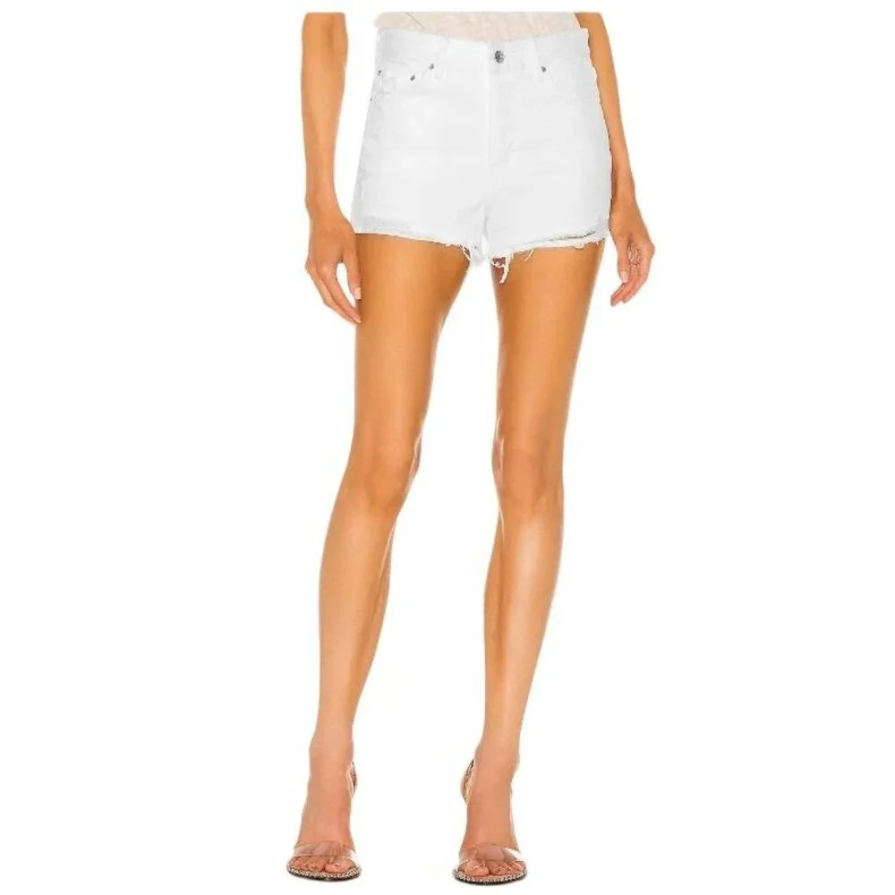 GRLFRND Helena High Rise Cut Off Denim Short in Topanga White 24 Womens Jeans
